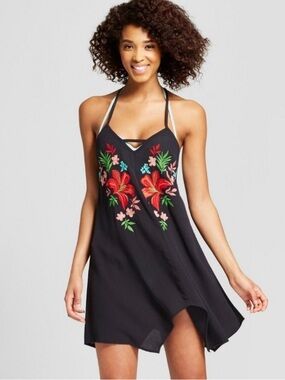 Xhilaration Embroidered Boho Floral Black Beach Cover Up Women’s Size Medium
